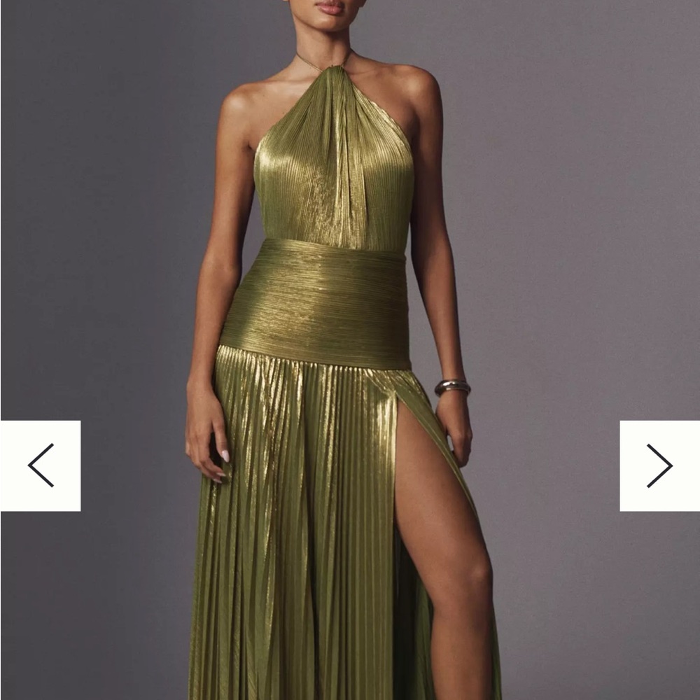 Retrofete Thalia Pleated Metallic Halter Side- Slit Drop Waist Maxi Dress